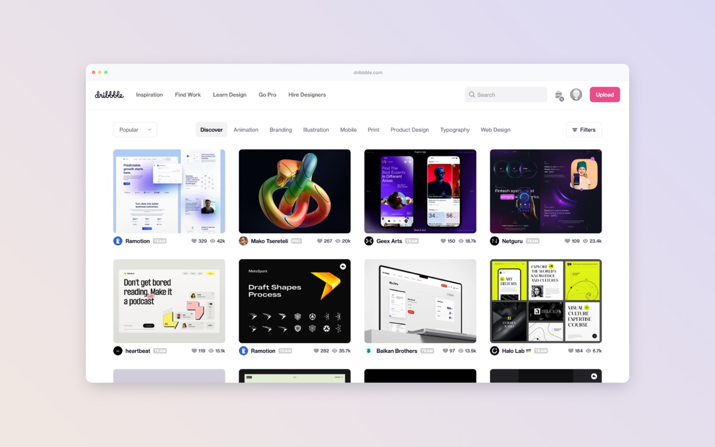 A website screenshot in a light browser window on a lilac gradient background